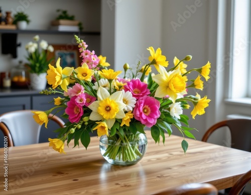 Wallpaper Mural a vibrant spring floral arrangement featuring daffodils as the centerpiece on a minimalist dining table. Torontodigital.ca