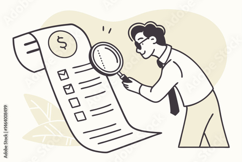 Businessman Inspecting Financial Report With Magnifying Glass Business Analysis Vector Illustration