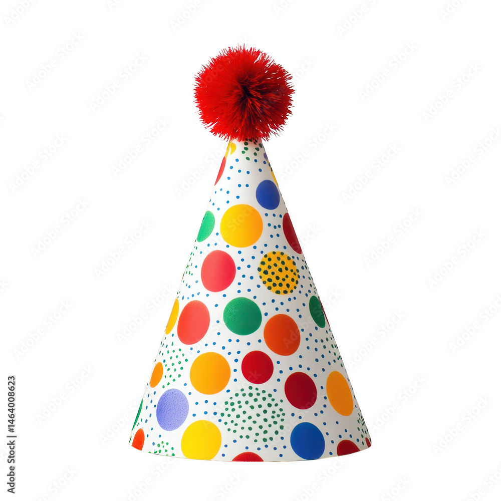 Colorful polka dot party hat with red pom pom isolated on transparent background Colorful polka dot party hat with red pom pom isolated on transparent background