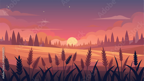 The stillness and quietness of a wheat field at dusk with the sky painted in shades of pink and orange as the sun sets behind the fields.