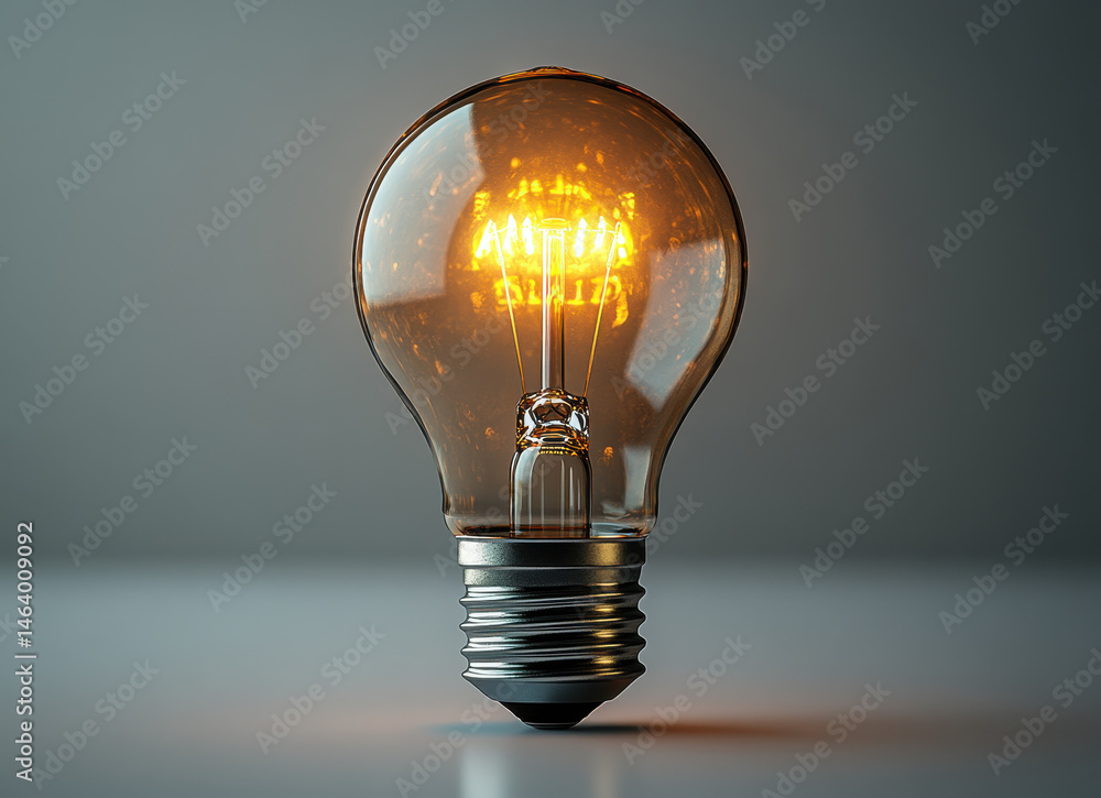Illuminated Vintage Light Bulb with Glowing Filament on Reflective Surface in Minimalist Setting