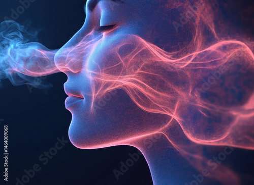 Obraz na płótnie Abstract Digital Art of Woman's Profile with Flowing Energy Lines in Blue and Pink Light on Dark Background w salonie
