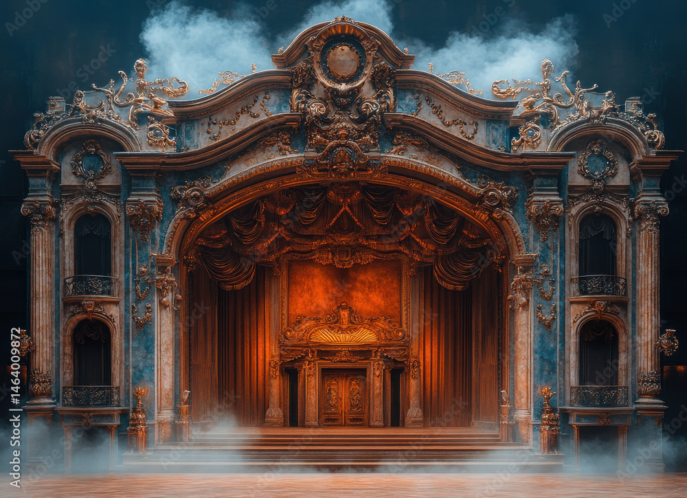 Ornate Theater Stage with Elaborate Baroque Architecture and Dramatic Lighting Amidst Mystical Fog