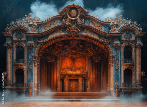 Obraz na płótnie Ornate Theater Stage with Elaborate Baroque Architecture and Dramatic Lighting Amidst Mystical Fog w salonie