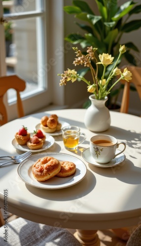 Wallpaper Mural lifestyle scene of a sunday brunch with pastries and tea on a lacquered wooden table under sunlight. Torontodigital.ca