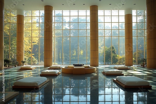 Indoor atrium reading corner bamboo support mirrored pool reflection under gentle evening glow