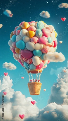 A hot air balloon made of colorful candies floats in the sky, surrounded by clouds and hearts. The background is blue with white stars. 