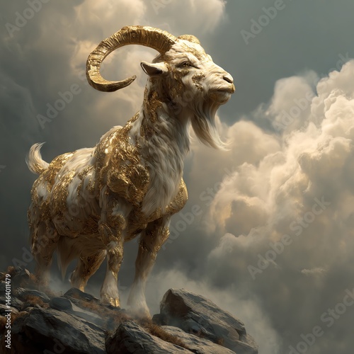 Majestic golden goat standing on rocks against a cloudy background.