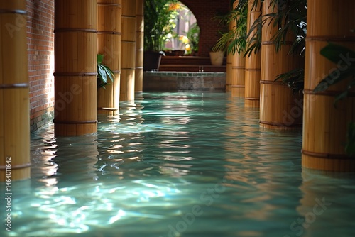 Modern atrium reading space bamboo columns reflective water mirror effect captured moonlit ambiance