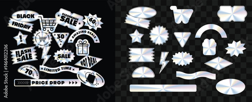 Holographic stickers. Hologram labels of different shapes. Sticker shapes for design mockups. Holographic textured stickers for preview tags, labels. For Marketplace Shop Sticker, Special Offers Pack.