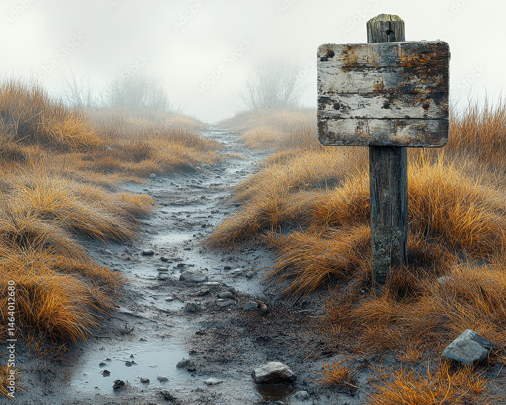 Rustic Wooden Signpost on Foggy Path Surrounded by Golden Grasses in Overcast Weather