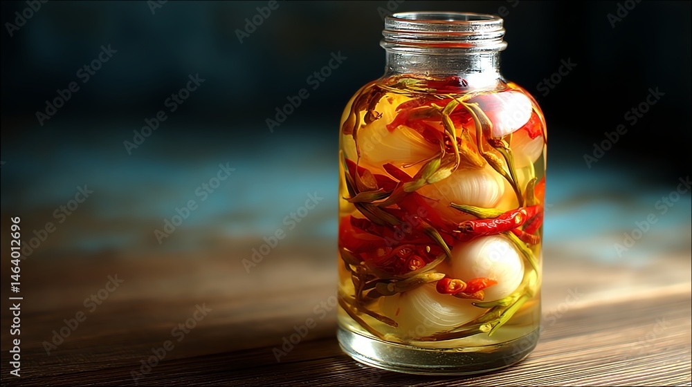 Jar of preserved eggs with chili, marinated in oil on wooden surface. Jar of preserved eggs with chili, marinated in oil on wooden surface.