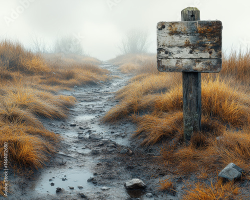 Obraz na płótnie Rustic Wooden Signpost on Foggy Path Surrounded by Golden Grasses in Overcast Weather w salonie