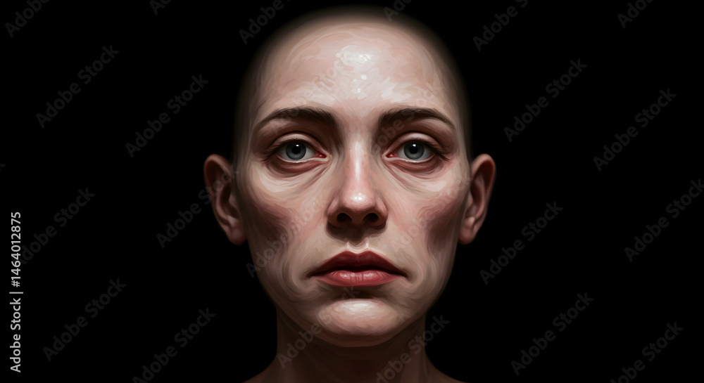 Realistic Portrait Of A Woman With Sad Expression Against Dark Background, Photo Realistic Portrait Of A Woman With Sad Expression Against Dark Background, Photo