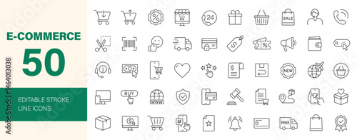 E-commerce icon set. Online shopping related line icons: online payment, discount, buy, shopping cart, delivery, credit card, customer service and more. Editable stroke. Vector illustration.