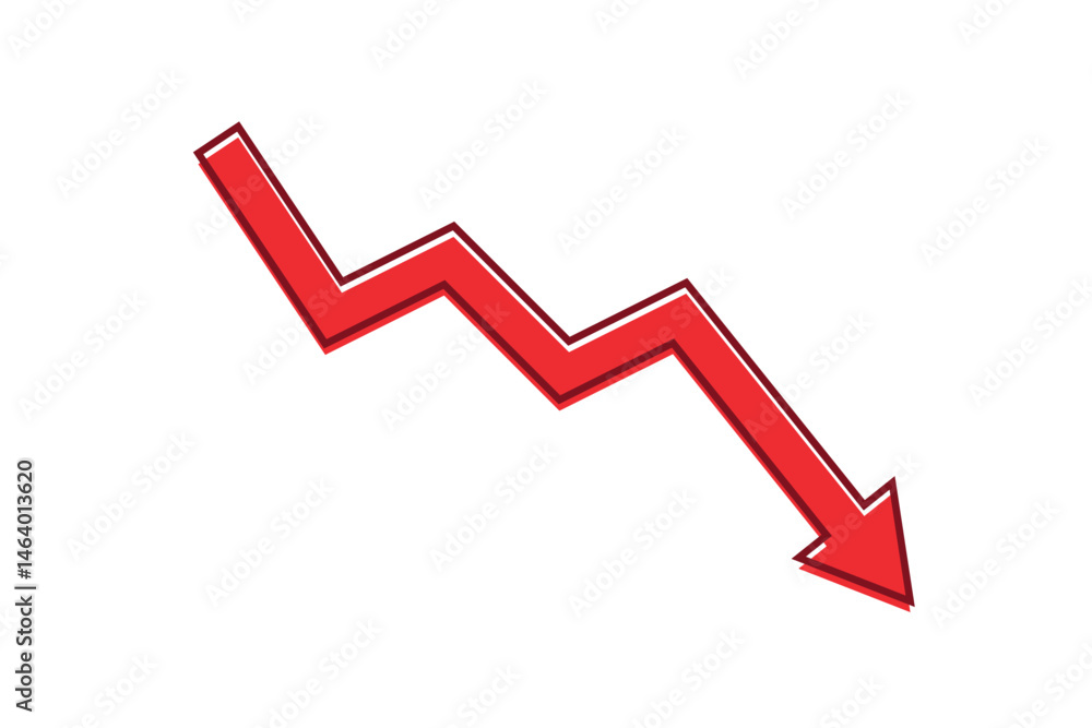 Outline business arrow graph going down represents trading loss business decline economic recession and financial deficit. Simple vector illustration symbol design. Red Color. Outline business arrow graph going down represents trading loss business decline economic recession and financial deficit. Simple vector illustration symbol design. Red Color.