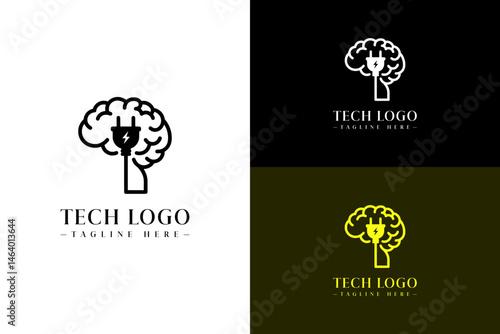 illustration of power plug inside brain, abstract, icon, vector logo for ai power, activated ai, artificial intelligence, data science, data center, fast data, internet of things, and more