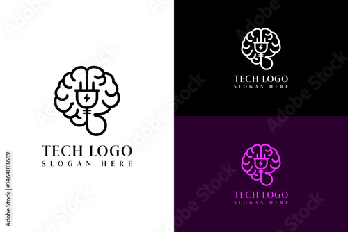 outline brain and power plug vector illustration, abstract, logo for artificial intelligence, information technology, database, data center, ai power, fast data, iot, tech, and more