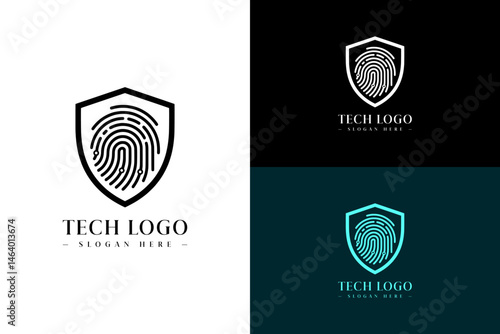 vector illustration of bold lines shield and fingerprint inside, logo for protection, cybersecurity, artificial intelligence, bio metric, data analyst, data center, fintech, tech, and more