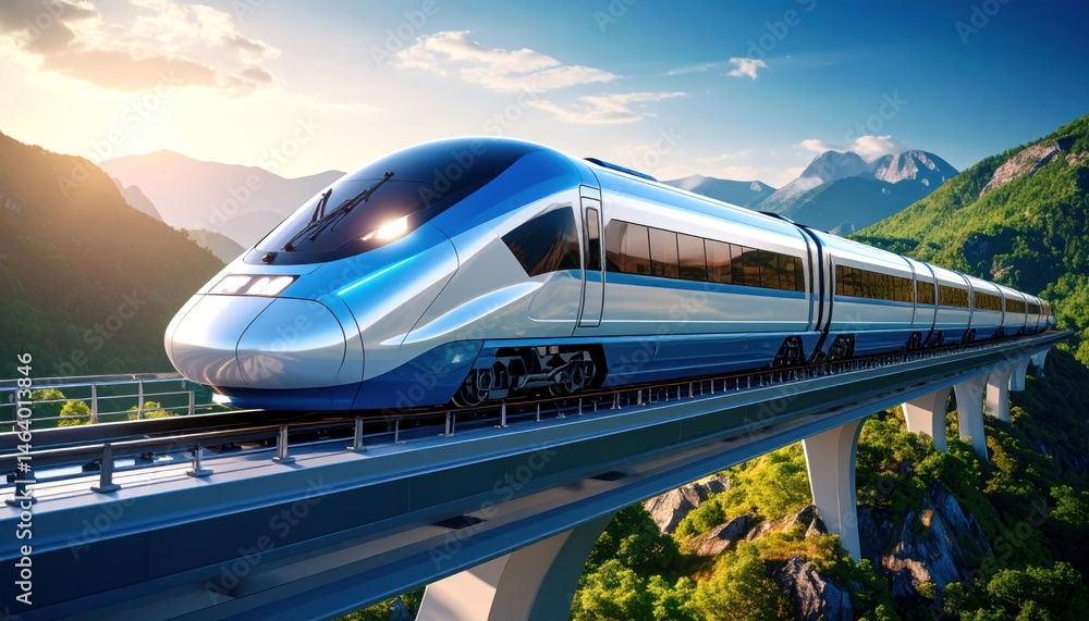 Fototapeta premium High Speed Train on Elevated Track in Mountains