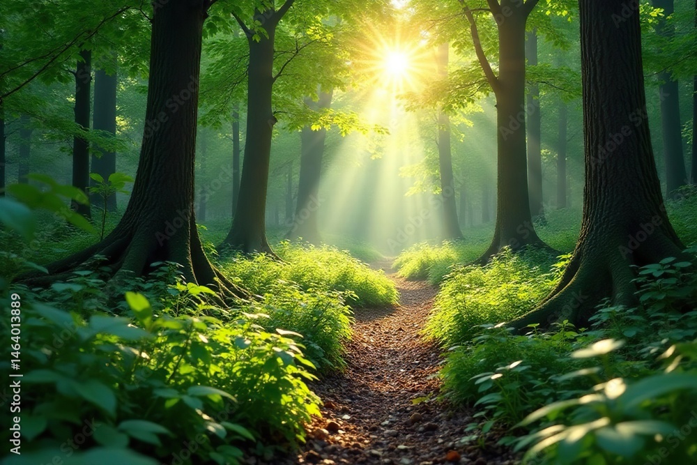 Obraz premium Sun-dappled forest floor, lush green undergrowth, backdrop, magical, serene
