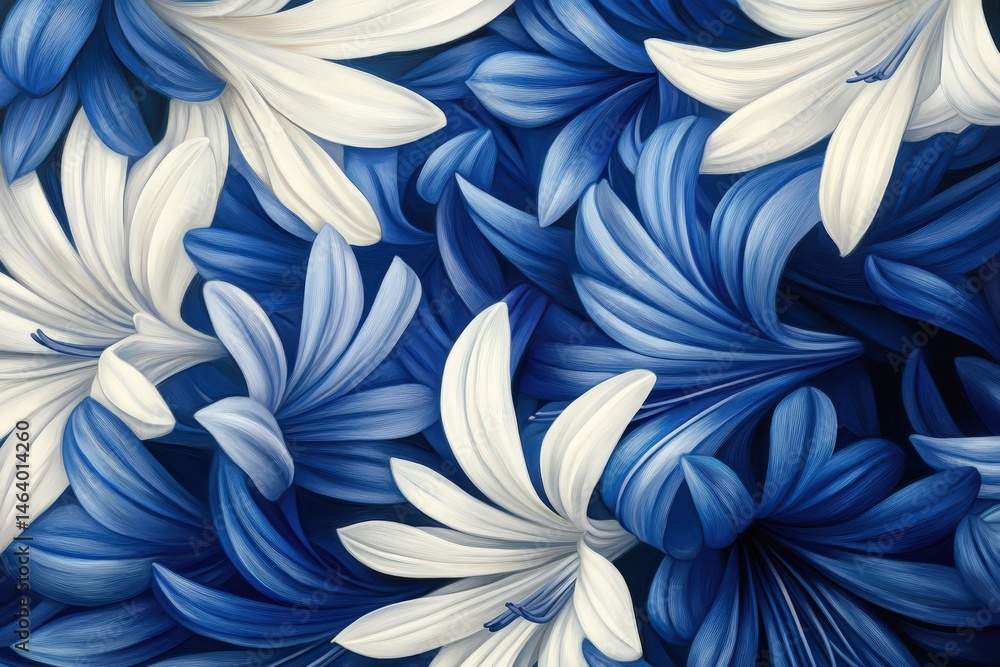 Vibrant floral pattern of overlapping blue and white blossoms. Vibrant floral pattern of overlapping blue and white blossoms.
