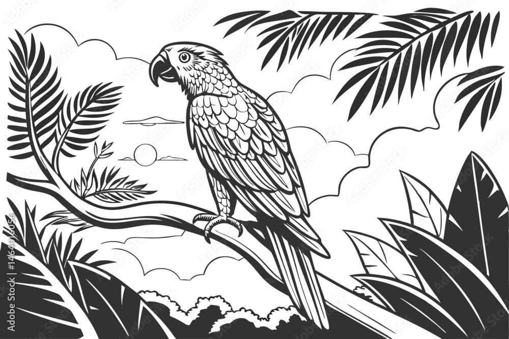 72 Detailed pencil sketch, majestic parrot, tropical leaves, intricate feather detail, perched on branch, black and white illustration, realistic bird anatomy, jungle foliage, wispy clouds, fine line 72 Detailed pencil sketch, majestic parrot, tropical leaves, intricate feather detail, perched on branch, black and white illustration, realistic bird anatomy, jungle foliage, wispy clouds, fine line