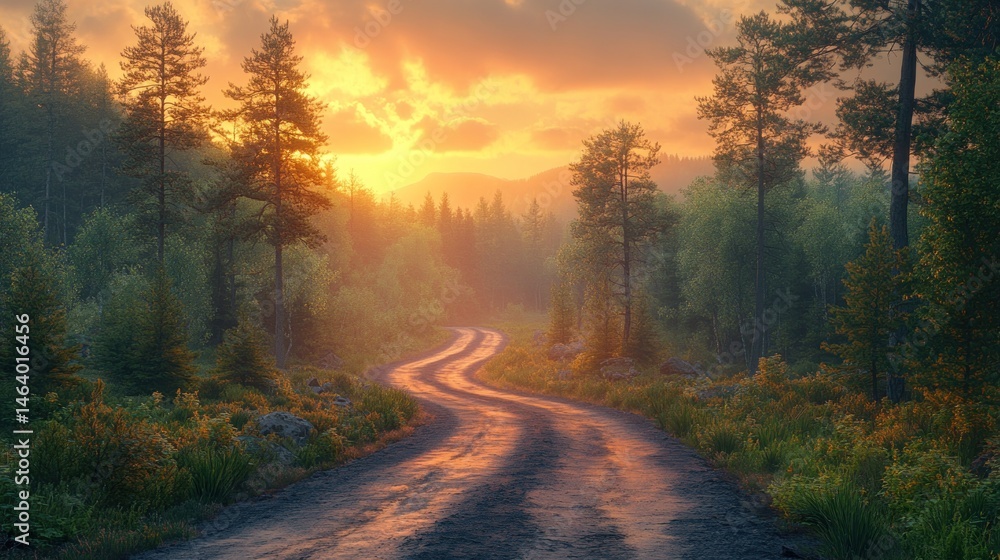 Sunset Road Through Misty Forest Sunset Road Through Misty Forest