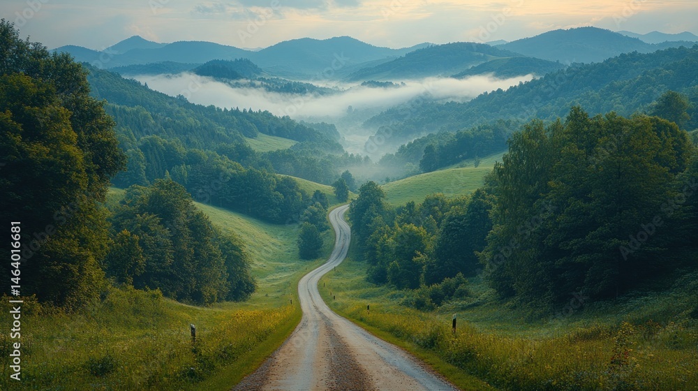 Obraz premium Serene Winding Road Through Misty Mountains