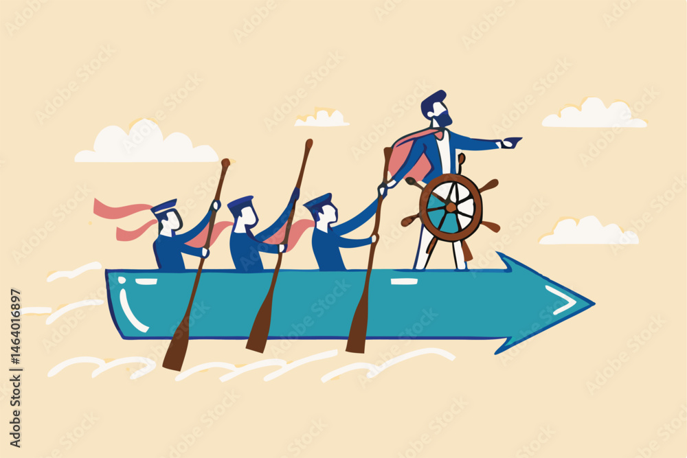 Obraz premium Cartoon Team Rowing With Leader Steering Boat Pointing Direction Forward