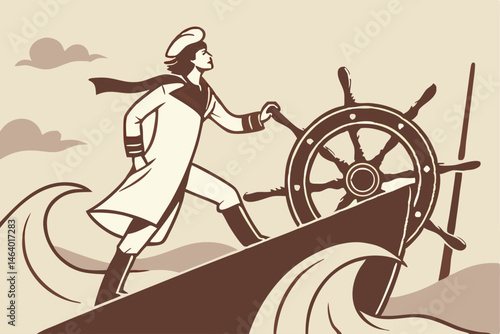 Vintage Styled Seafarer Steering Ship On Wavy Seas Brown And Beige Illustration