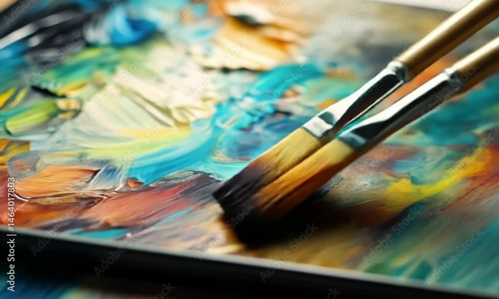 A close-up of a brush mixing vibrant paint on a palette. A close-up of a brush mixing vibrant paint on a palette.