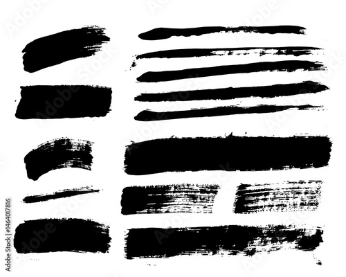 Vector brush stroke textures of long and rectangle shapes. Paint text boxes and paintbrush collection. Grunge banners for authentic design vibe. Painted backgrounds. Wide and thin brush elements