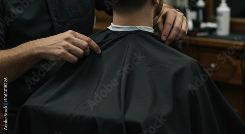 Barber prepares customer with black cape