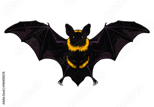 Unique vector illustration of a hybrid creature combining features of a bat and a bumblebee, with striped yellow fur and detailed wings. Ideal for fantasy, Halloween, or surreal wildlife themes.