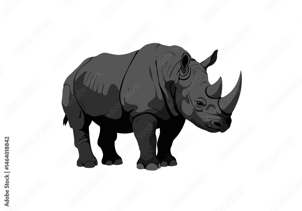 Obraz premium Realistic vector drawing of a black rhino with textured skin and prominent horns. Ideal for wildlife themes, conservation, or educational projects.