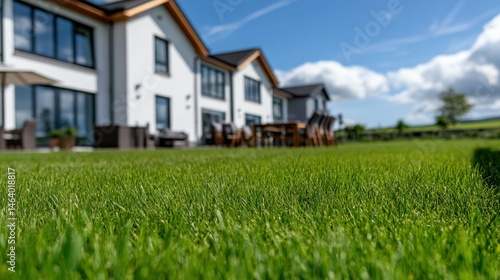 Wallpaper Mural A large house with a green lawn and a patio. The lawn is well-maintained and the house has a modern design Torontodigital.ca