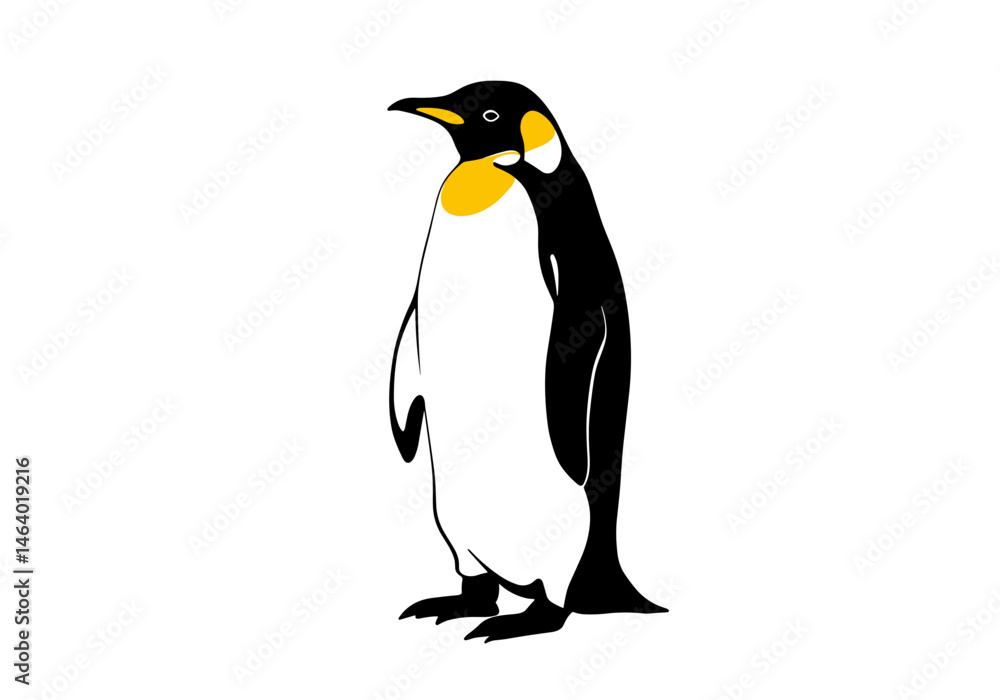 Obraz premium Stylized minimal vector illustration of an emperor penguin standing upright with yellow accents. Ideal for educational content, zoo materials, wildlife branding, or cold climate graphics.