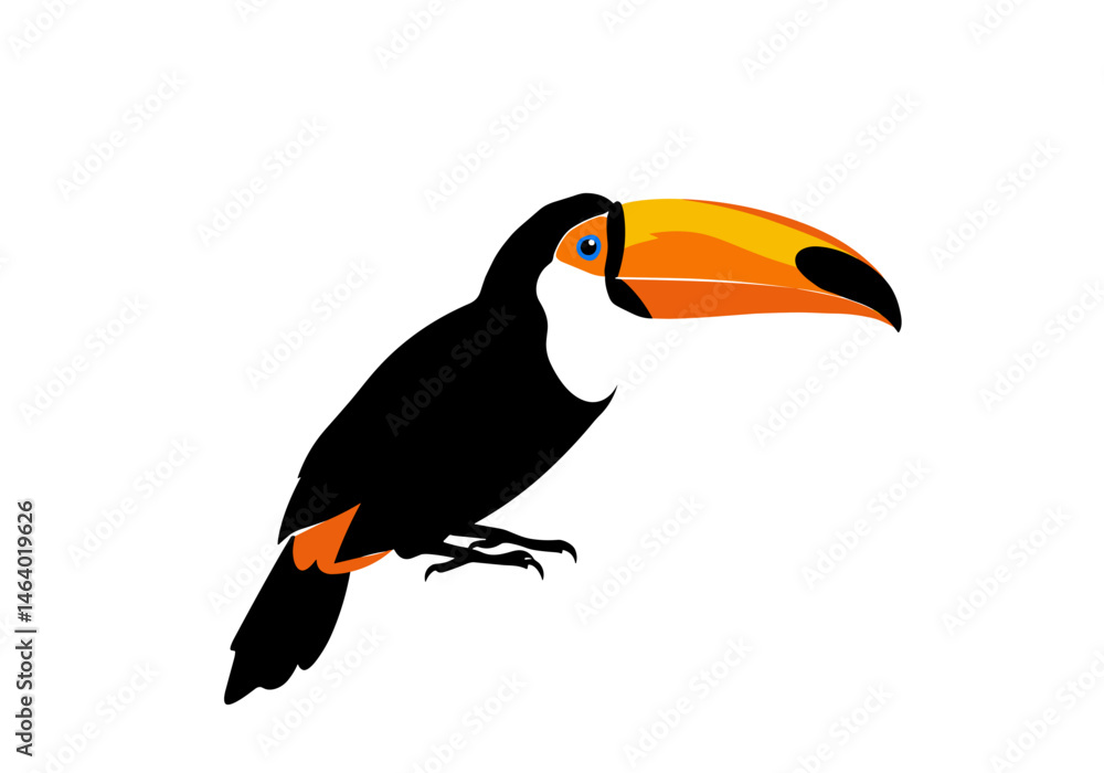 Naklejka premium Minimalist vector drawing of a toucan bird with a large vibrant orange and yellow beak, perched on a branch. Ideal for nature themes, tropical designs, and educational graphics.