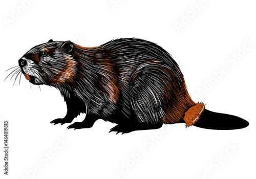 Detailed stylized vector of a beaver in side view with distinctive flat tail and orange teeth. Perfect for nature, wildlife, and Canadian-themed designs.