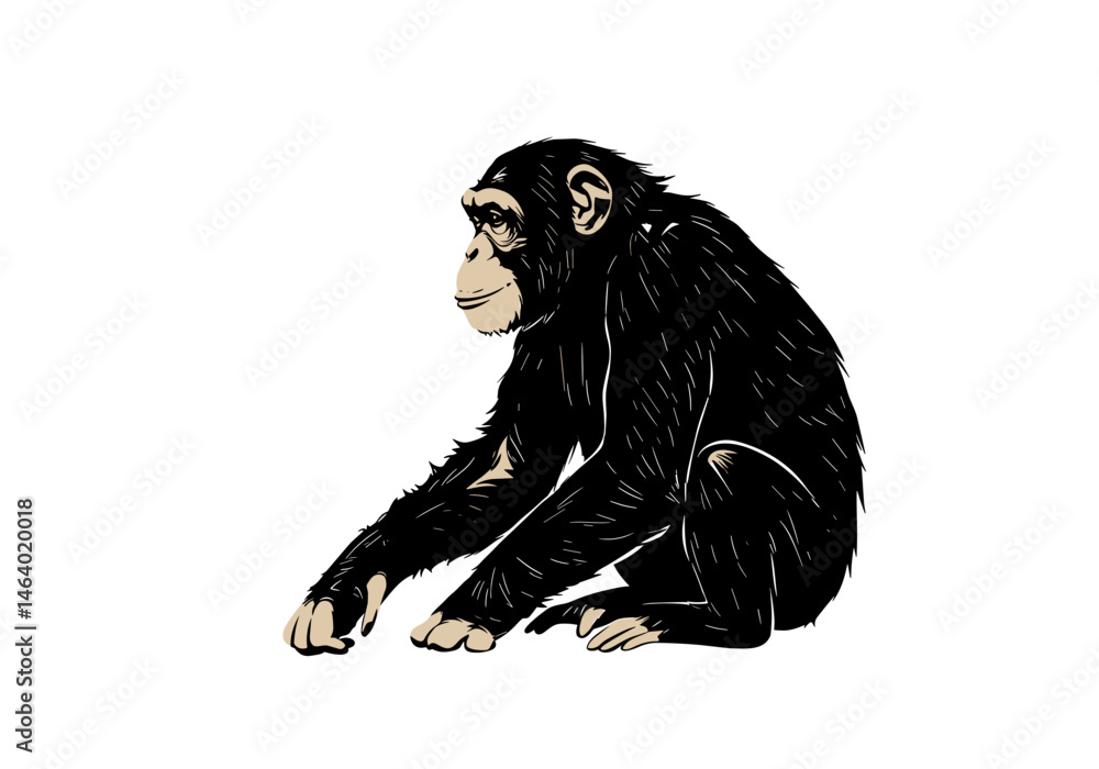 Fototapeta premium Stylized vector image of a chimpanzee sitting calmly in profile. Ideal for use in educational materials, animal-themed designs, and wildlife conservation projects.