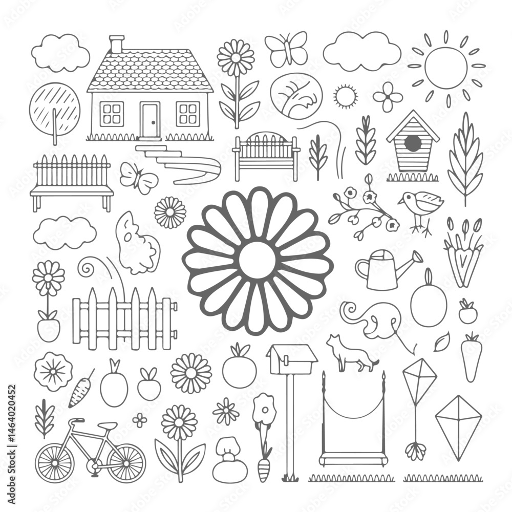 Fototapeta premium Set of home and garden doodle on white background. Hand drawn abstract doodle isolated on white background.