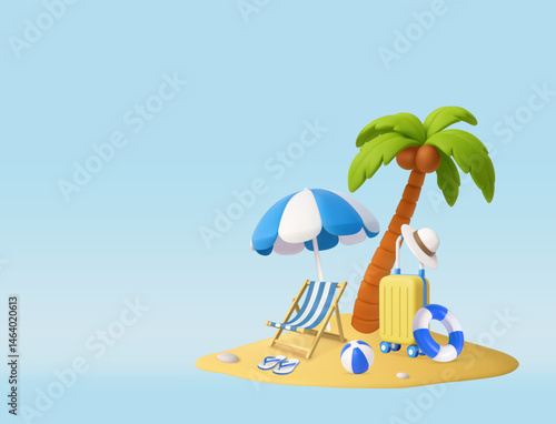 3d Tropical Beach Vacation Setup with blue Umbrella and Palm