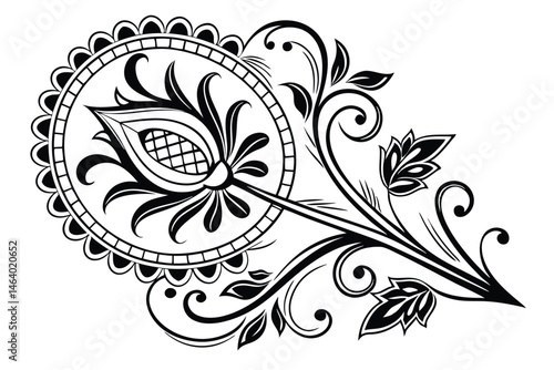 74 Intricate black and white floral design, symmetrical ornamental pattern, baroque style, ornate scrollwork, detailed line art, delicate curves, lotus-like central motif, wreath-inspired border, fili