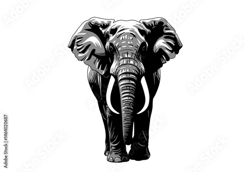 Stylized vector drawing of an elephant viewed from the front. Monochrome illustration highlighting tusks and large ears, suitable for wildlife themes, logos, and educational materials.