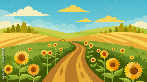 Rolling hills of shining yellow sunflower fields intersected by dirt paths lined with tall grasses and wildflowers.