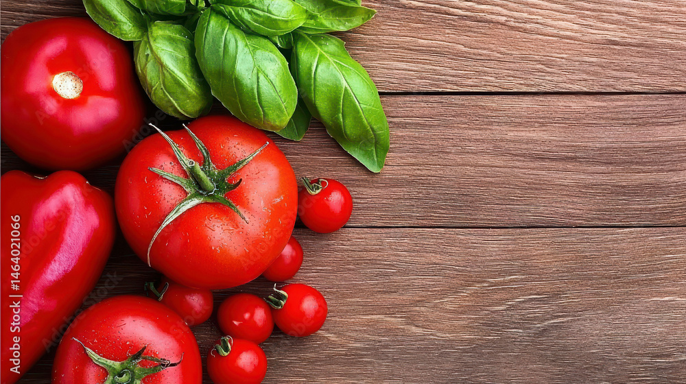 Fresh Red Tomatoes and Green Basil Leaves on Rustic Wooden Table in Natural Light Fresh Red Tomatoes and Green Basil Leaves on Rustic Wooden Table in Natural Light