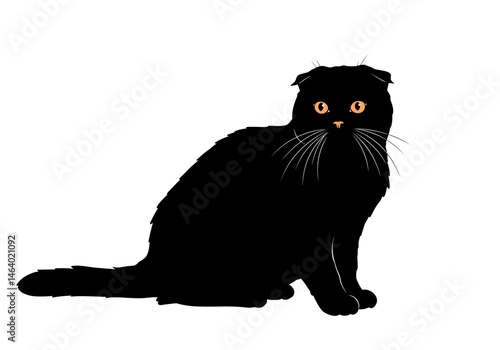 Vector silhouette of a long-haired black Scottish Fold cat with bright orange eyes, folded ears, and a pink nose. Great for pet design, feline graphics, and minimalist animal art.