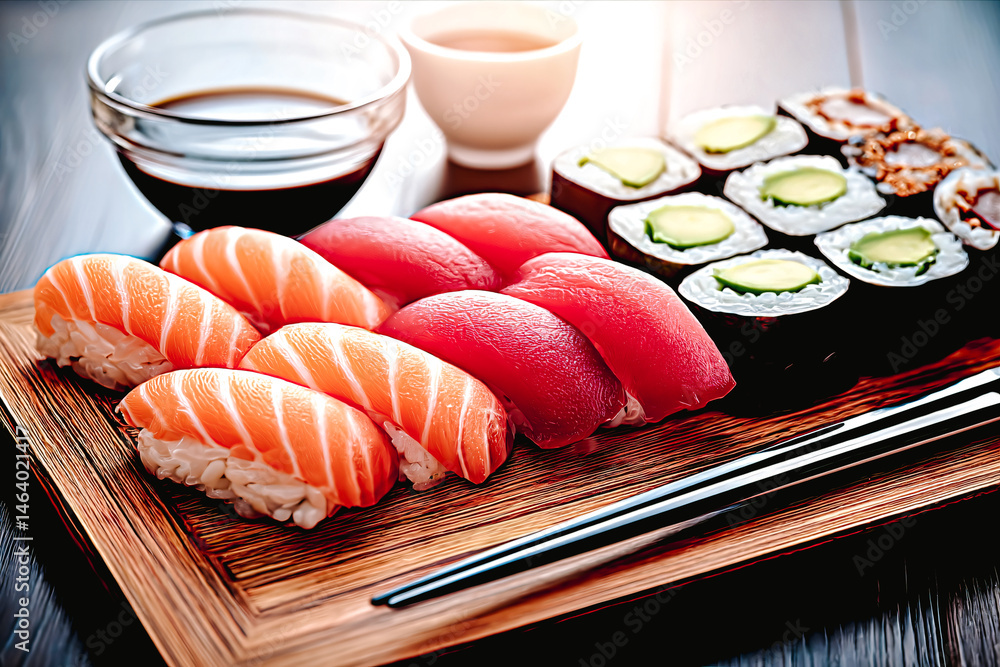 Plateau de sushis avec sauce et baguettes, en gros plan