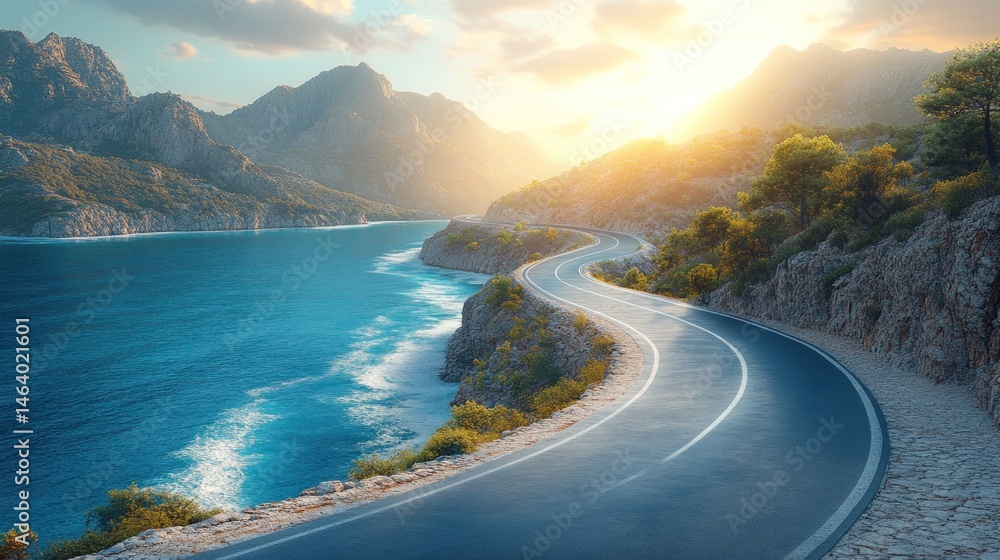 Obraz premium Scenic Coastal Drive at Sunset: A Journey Through Breathtaking Nature